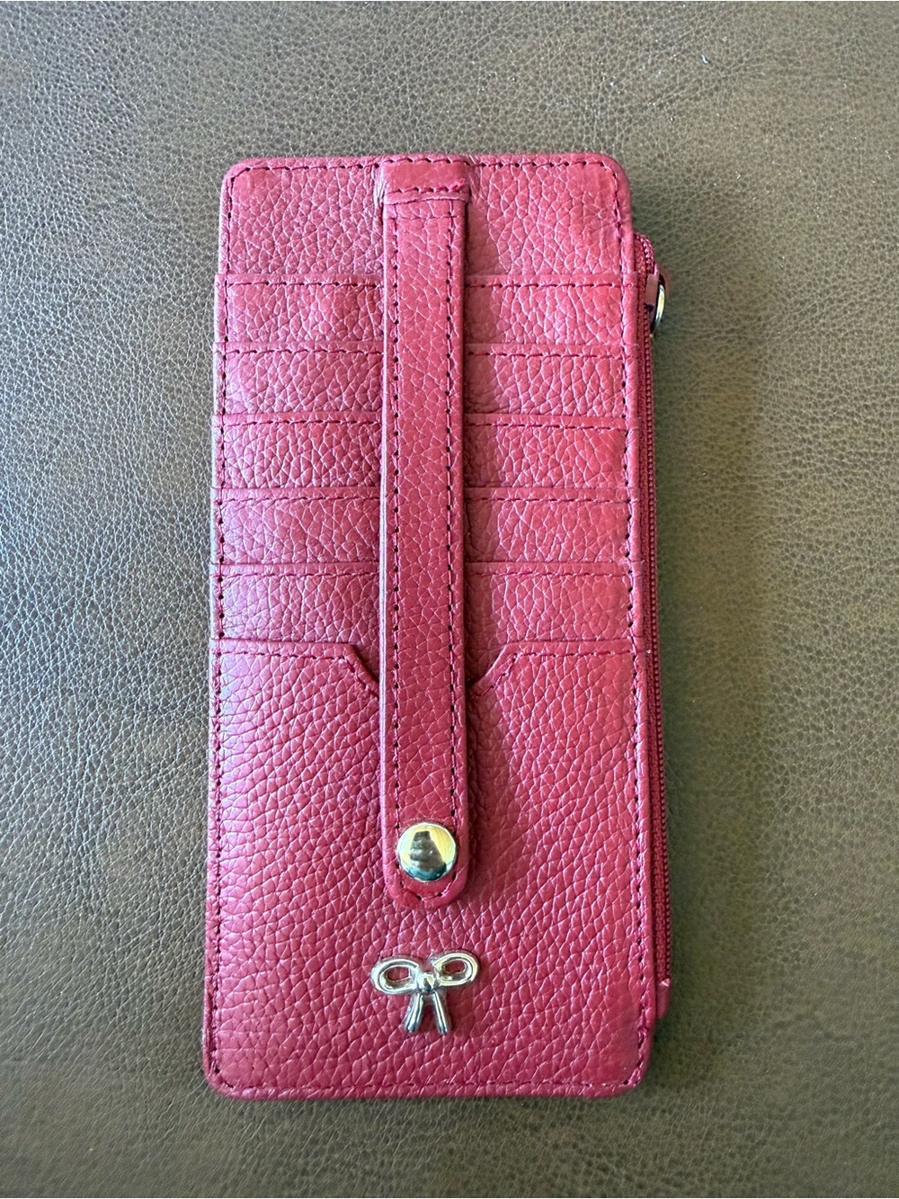 Pink Pebbled Leather Card Wallet with Bow Accent